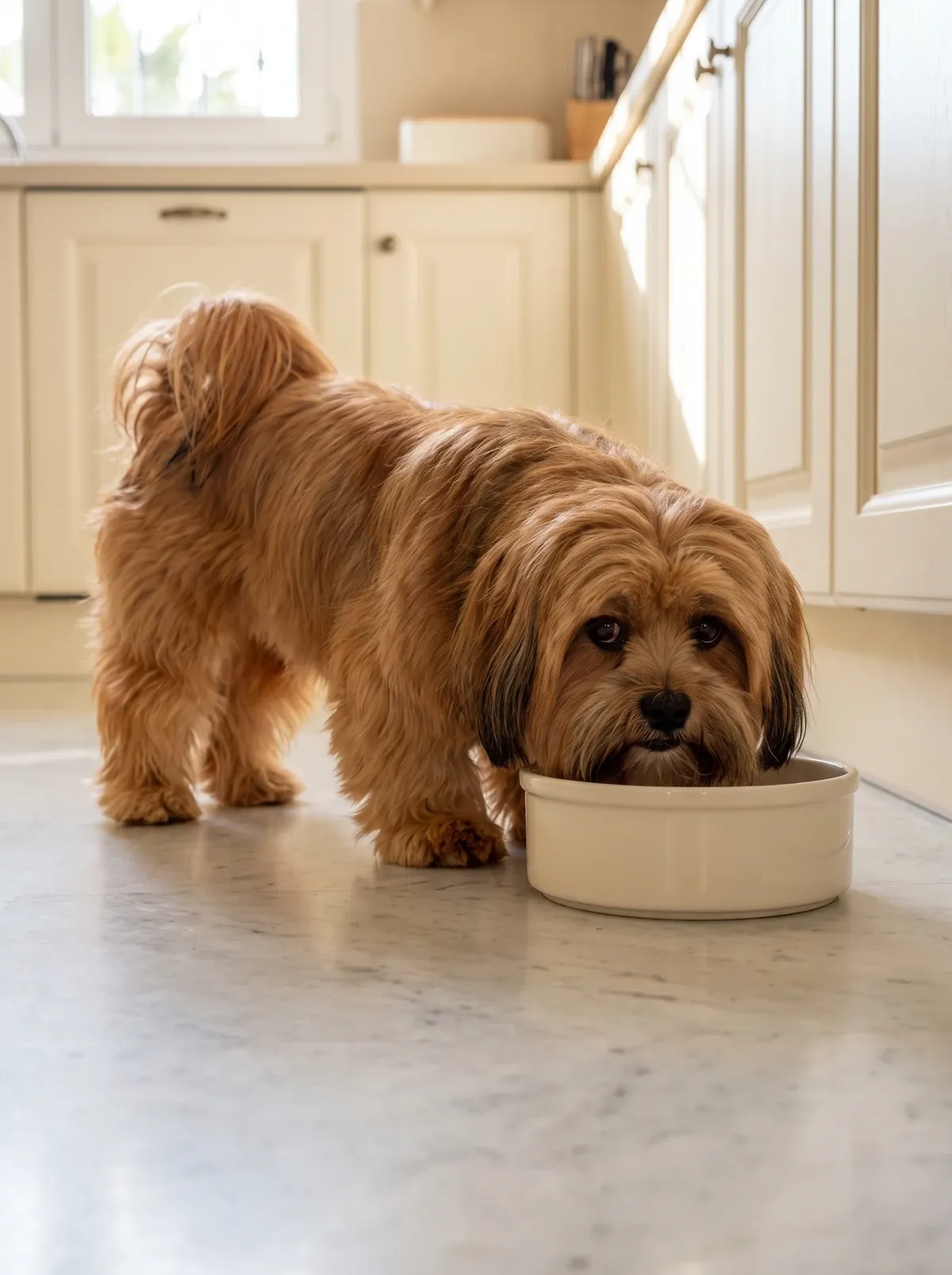 Lhasa Apso, a red-gold adult drinking from a cream ceramic bowl on a cool kitchen floor