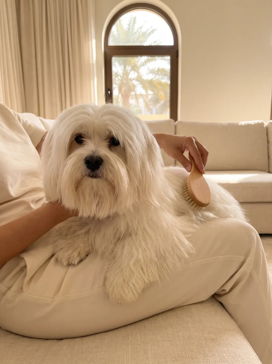 Lhasa Apso in Dubai, a white adult lying across a lap having the long coat brushed, palms through the window