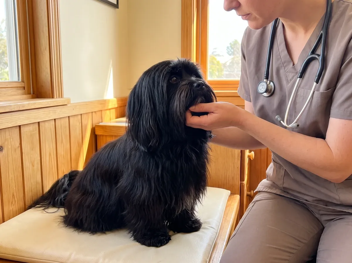 Lhasa Apso, a calm black adult on a padded mat while a vet in taupe scrubs gently cups their chin