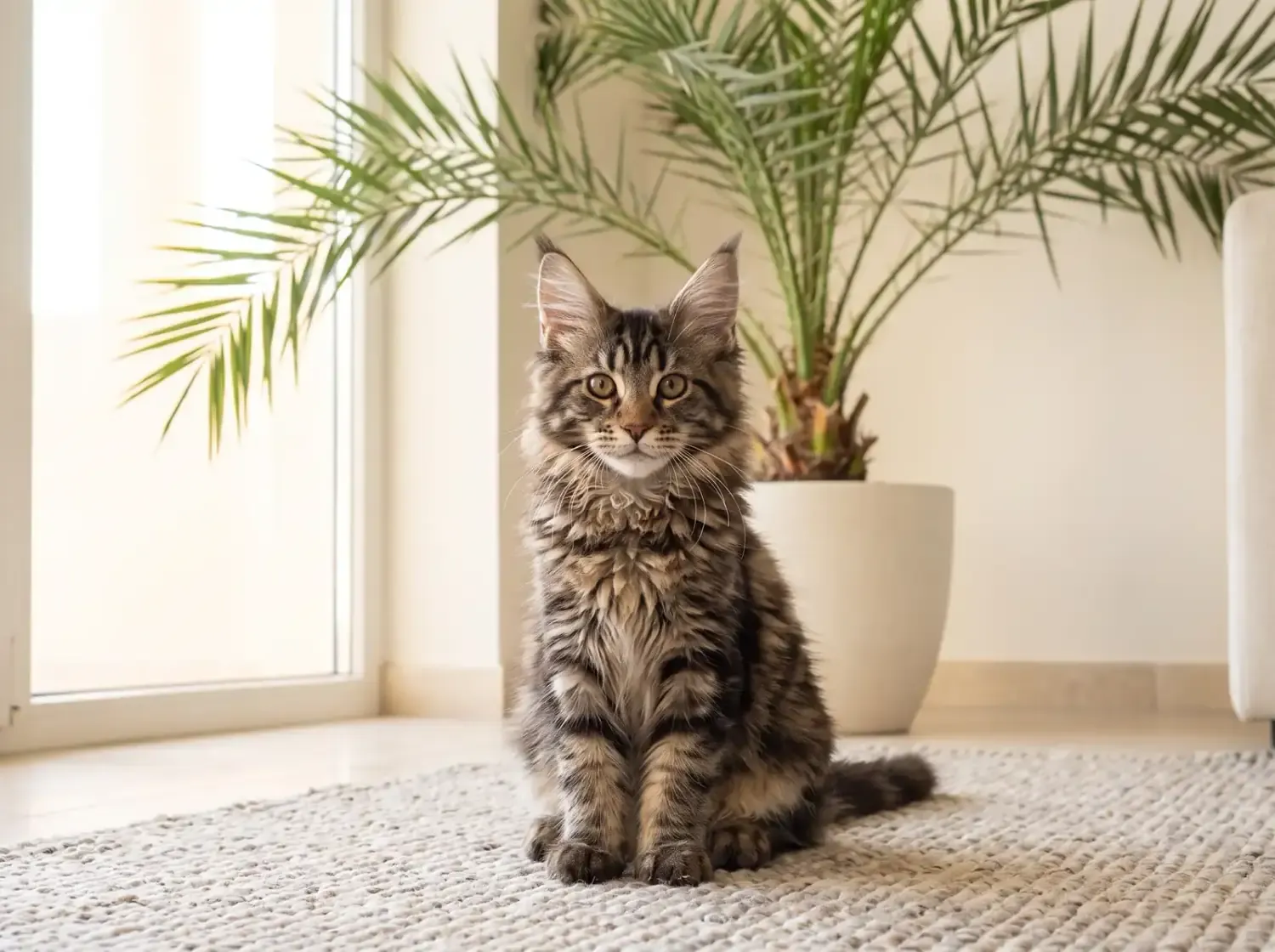 Maine Coon in Dubai, a brown tabby kitten sitting on a wool rug beside a potted date palm