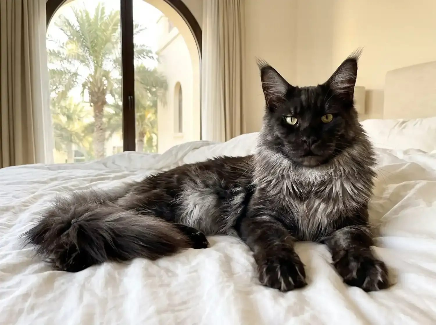 Maine Coon in Dubai, a black smoke adult lying on white linen bedding, palms through an arched window
