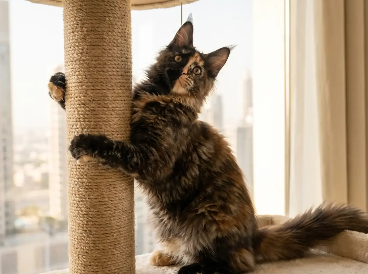 Maine Coon in Dubai, a tortoiseshell kitten climbing a sisal cat tree post, the city through the window