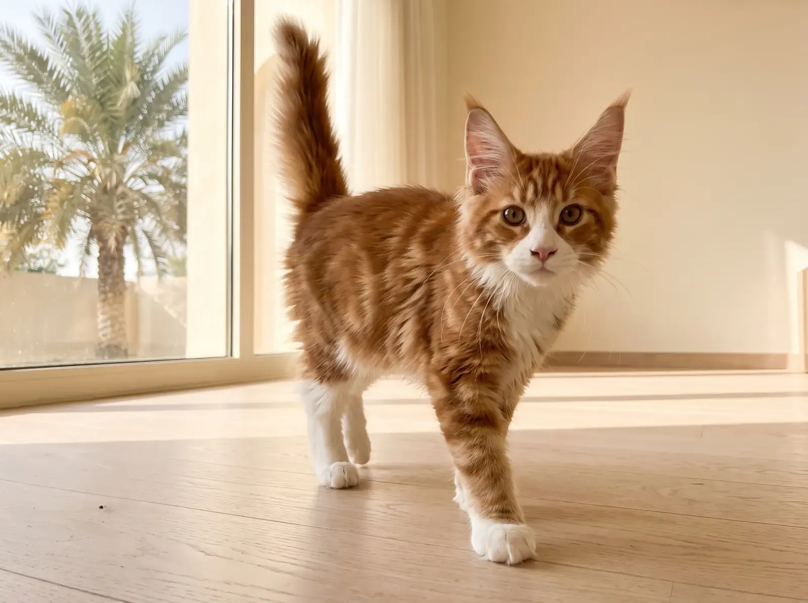 Maine Coon in Dubai, a red tabby and white kitten walking across a sunlit timber floor, a palm outside
