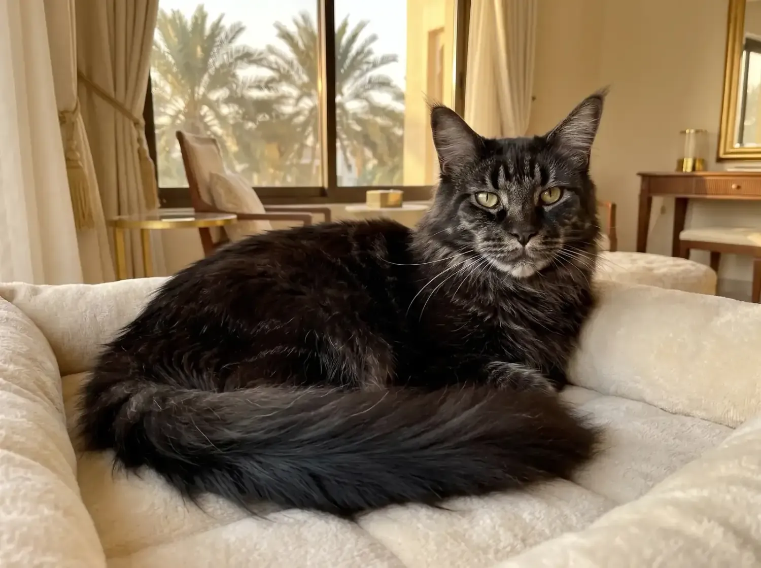 Maine Coon in Dubai, an older black cat with a greying face resting on a cream bed, palms outside