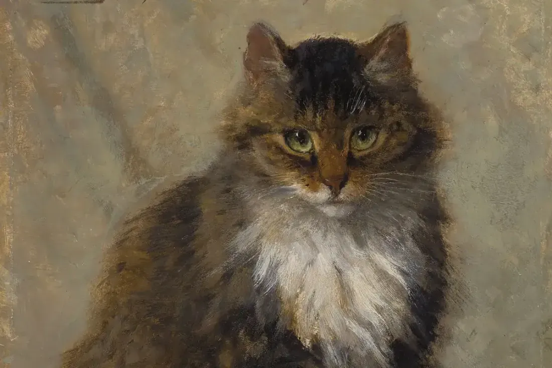 Maine Coon history, a painting of a shaggy brown tabby with a white ruff and green eyes, 1894