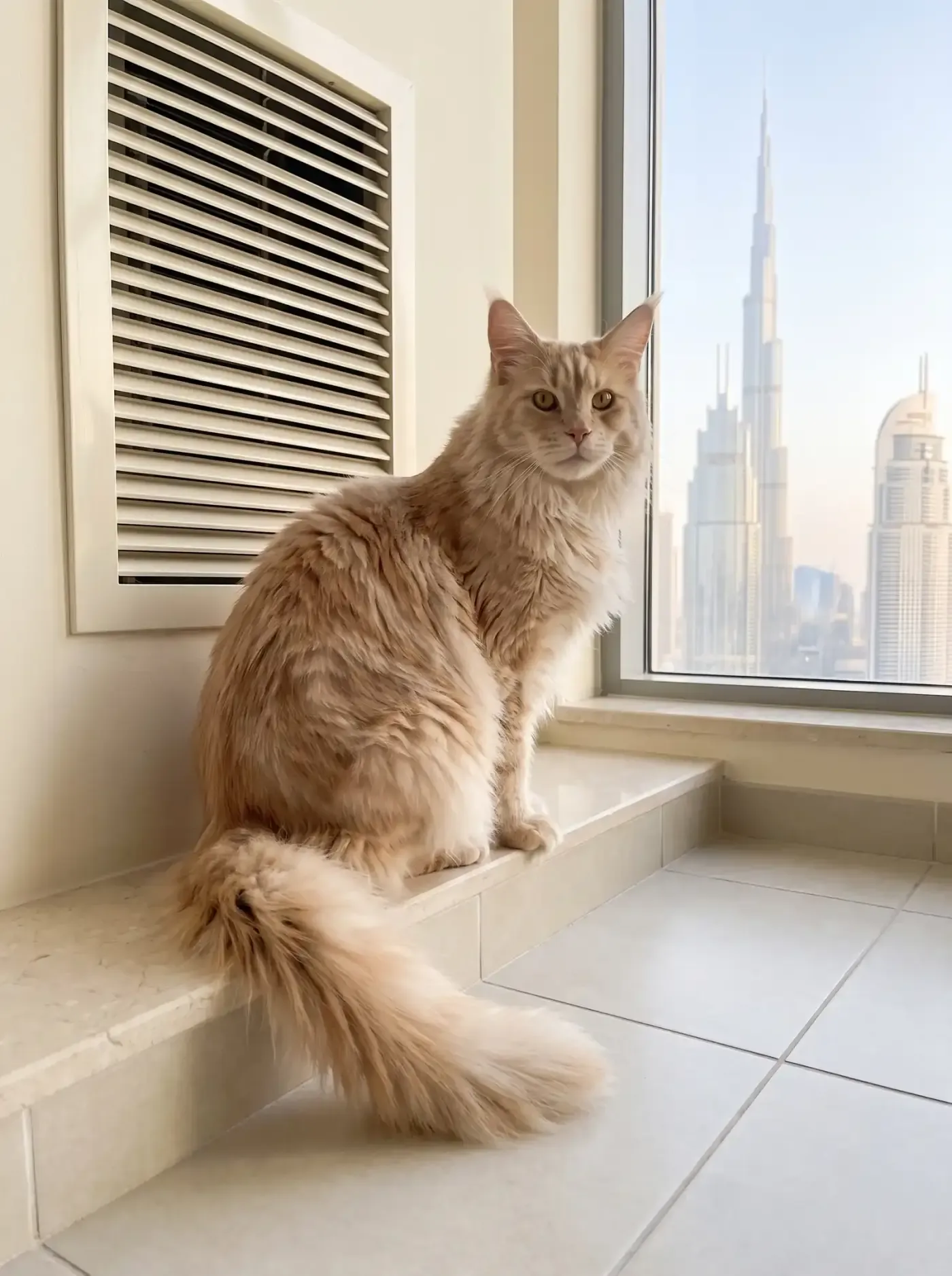 Maine Coon in Dubai, the same cat on a stone ledge under an air conditioning vent, the Burj Khalifa outside