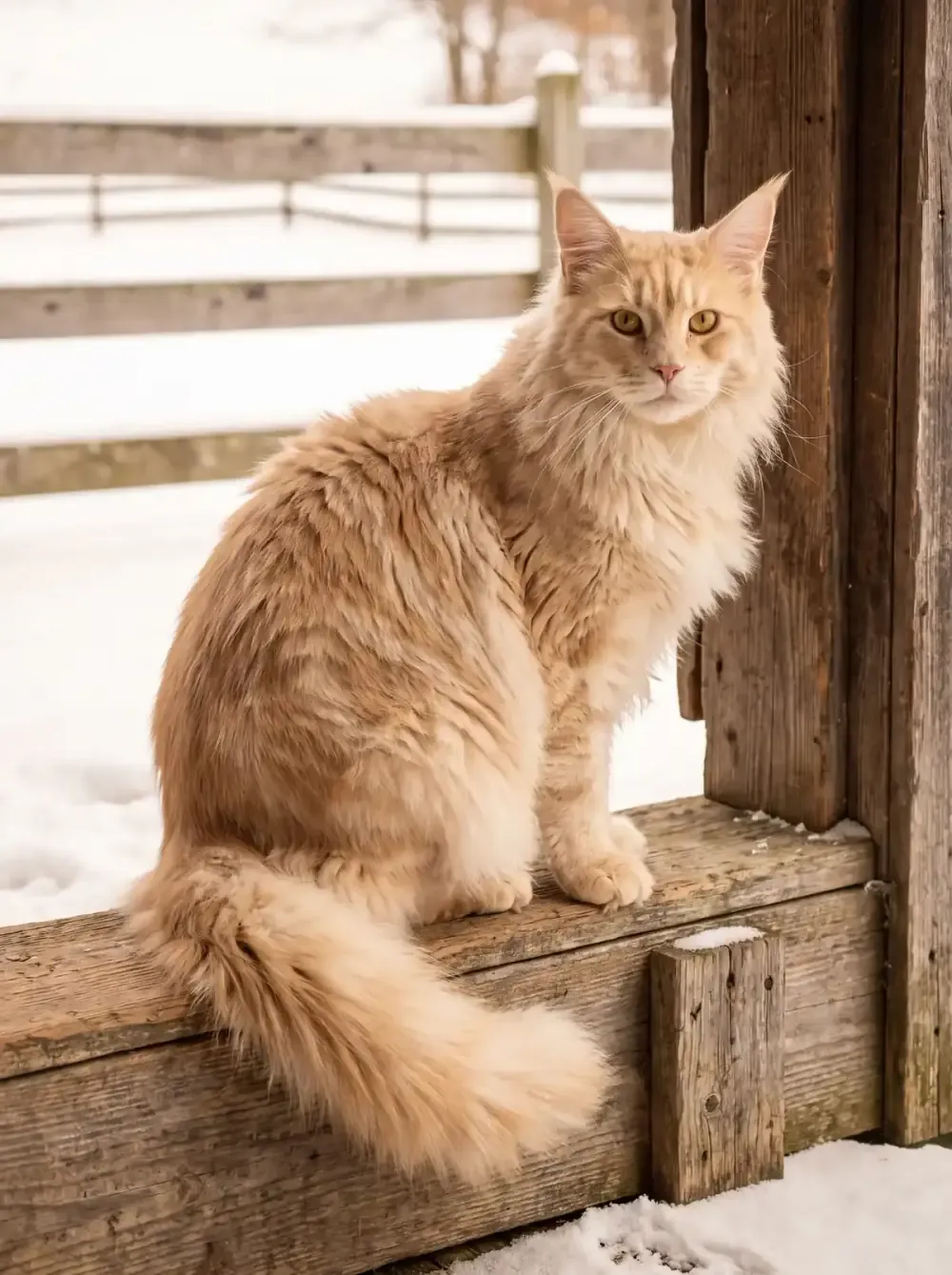 Maine Coon, a cream tabby adult sitting on an old barn threshold, snow and a wooden fence behind