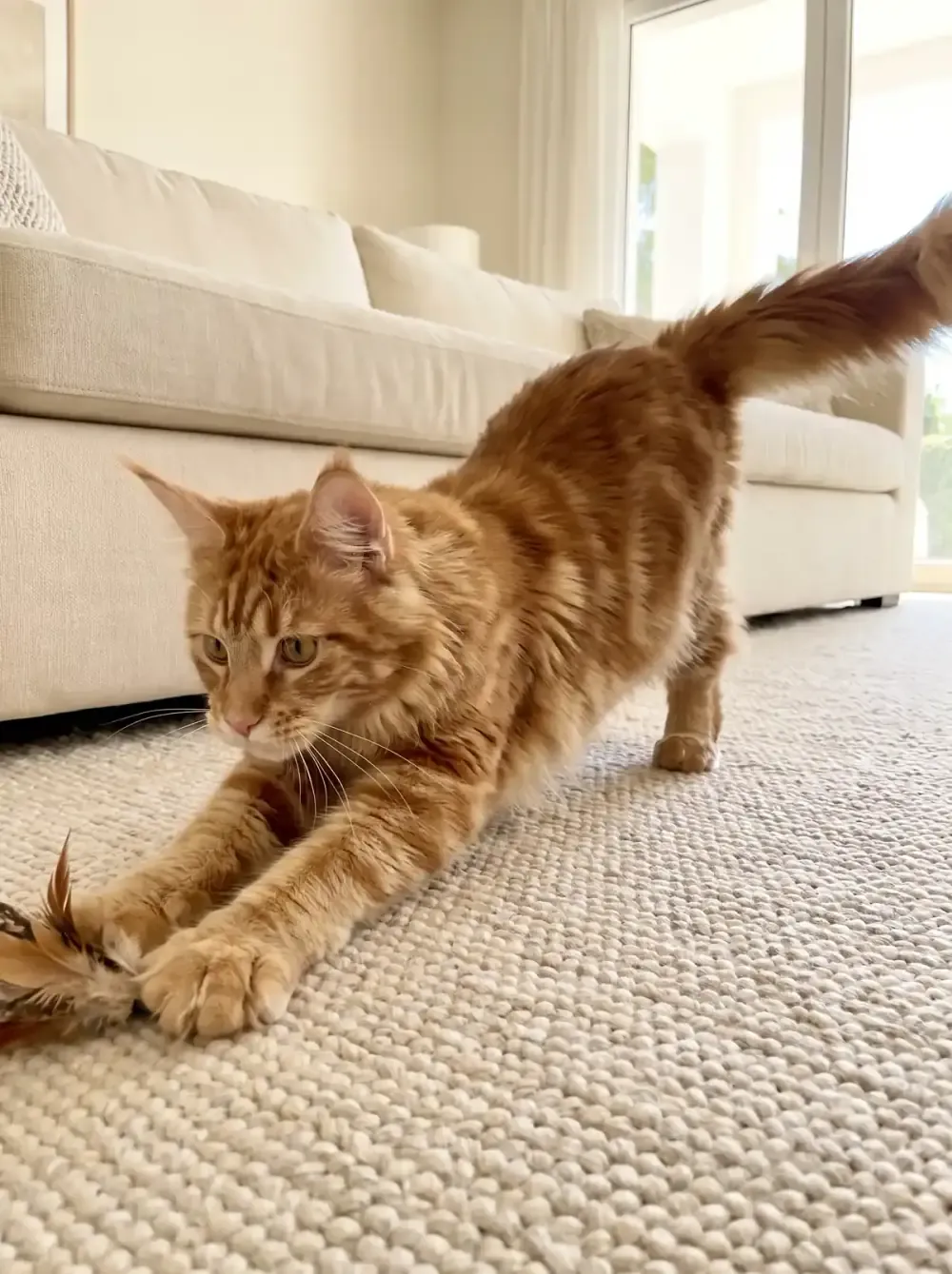 Maine Coon, a young red tabby pouncing on a feather toy on a wool rug in front of a cream sofa