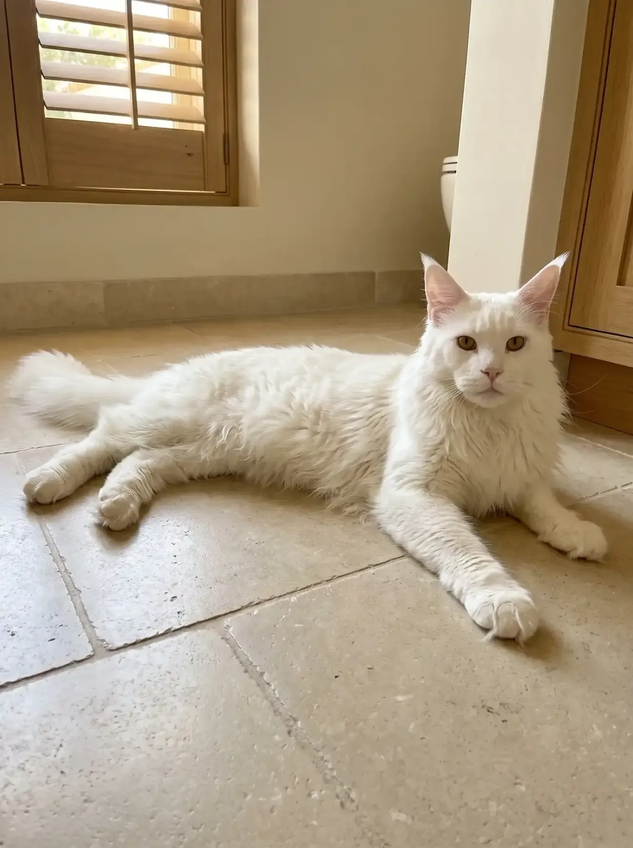 Maine Coon, a white adult stretched out on cool stone bathroom tiles, a timber shutter behind