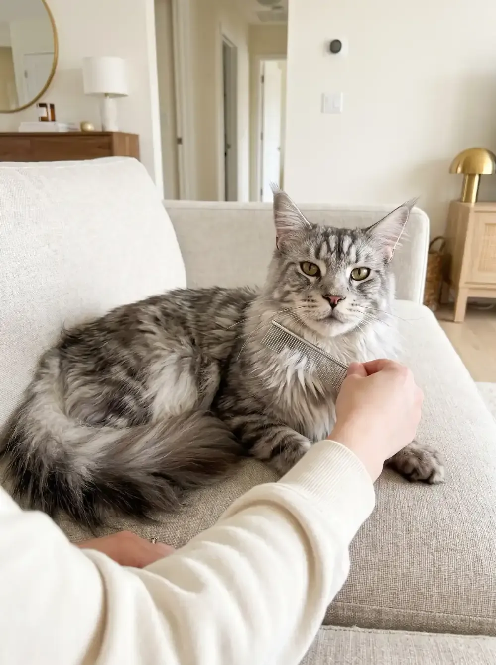 Maine Coon, a silver tabby adult on a sofa while a hand combs the thick ruff under the chin