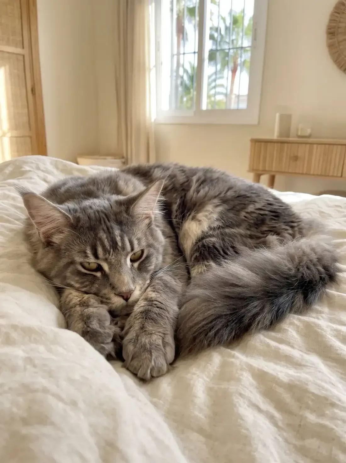 Maine Coon in Dubai, a blue tabby adult resting drowsy on a linen bed, palms through the window
