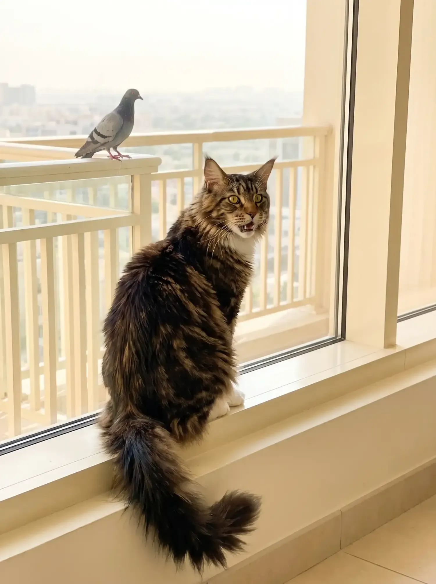 Maine Coon in Dubai, a brown tabby and white adult on a balcony window sill, a pigeon on the rail