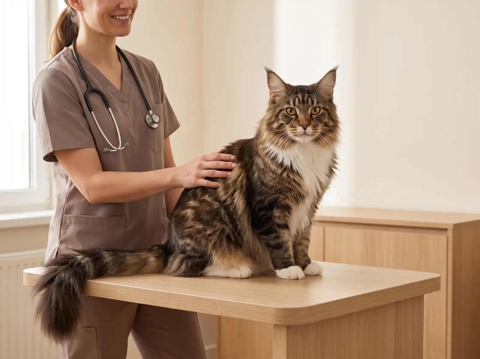 Maine Coon, a large brown tabby and white cat on a consultation table, a smiling vet in taupe scrubs beside it