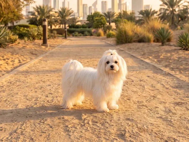 Maltese in Dubai, a white adult standing on a sandy desert garden path lined with palms