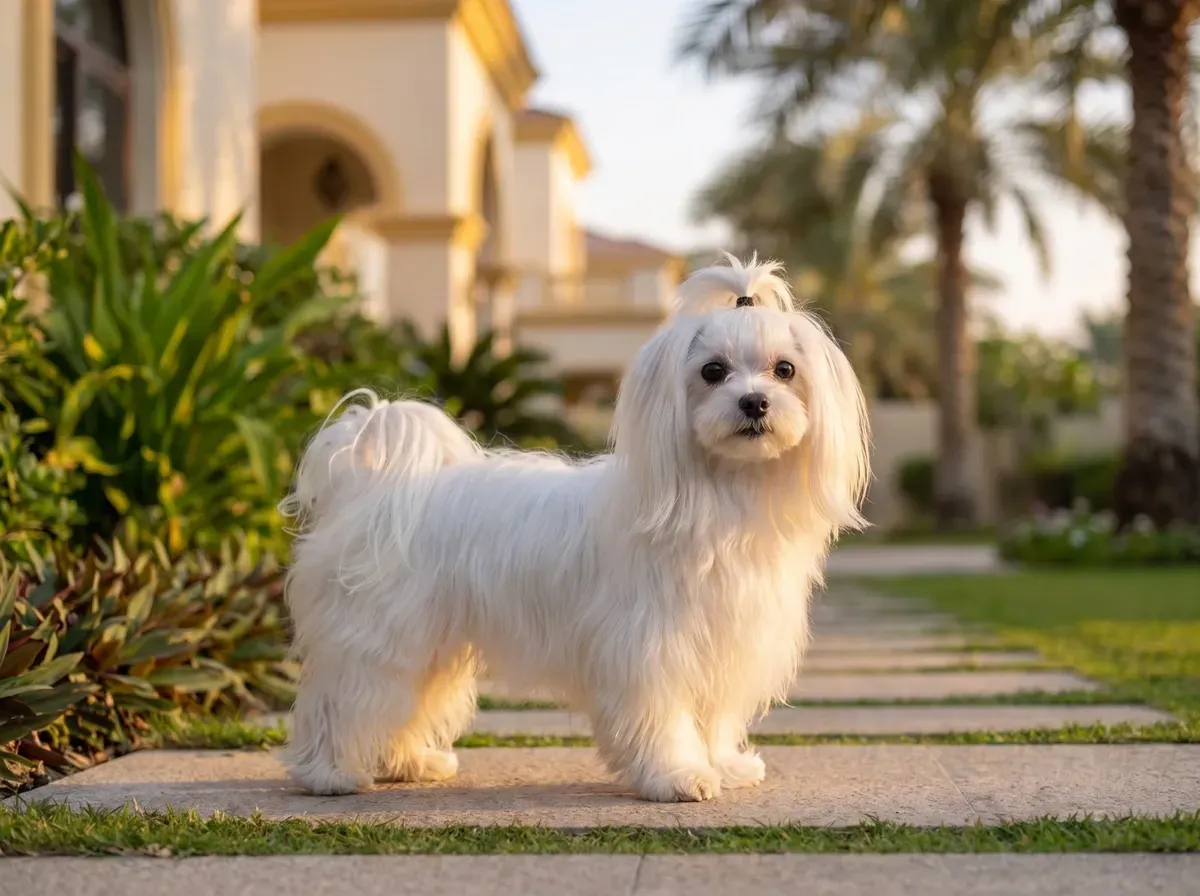 Maltese in Dubai, a white adult with a long coat standing on a villa garden path under palms