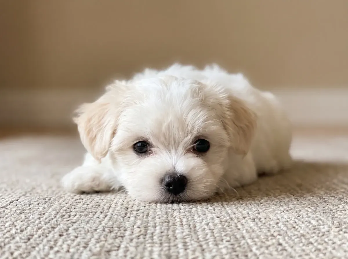 Maltese, a white puppy with a faint lemon tint on the ears lying on a textured rug