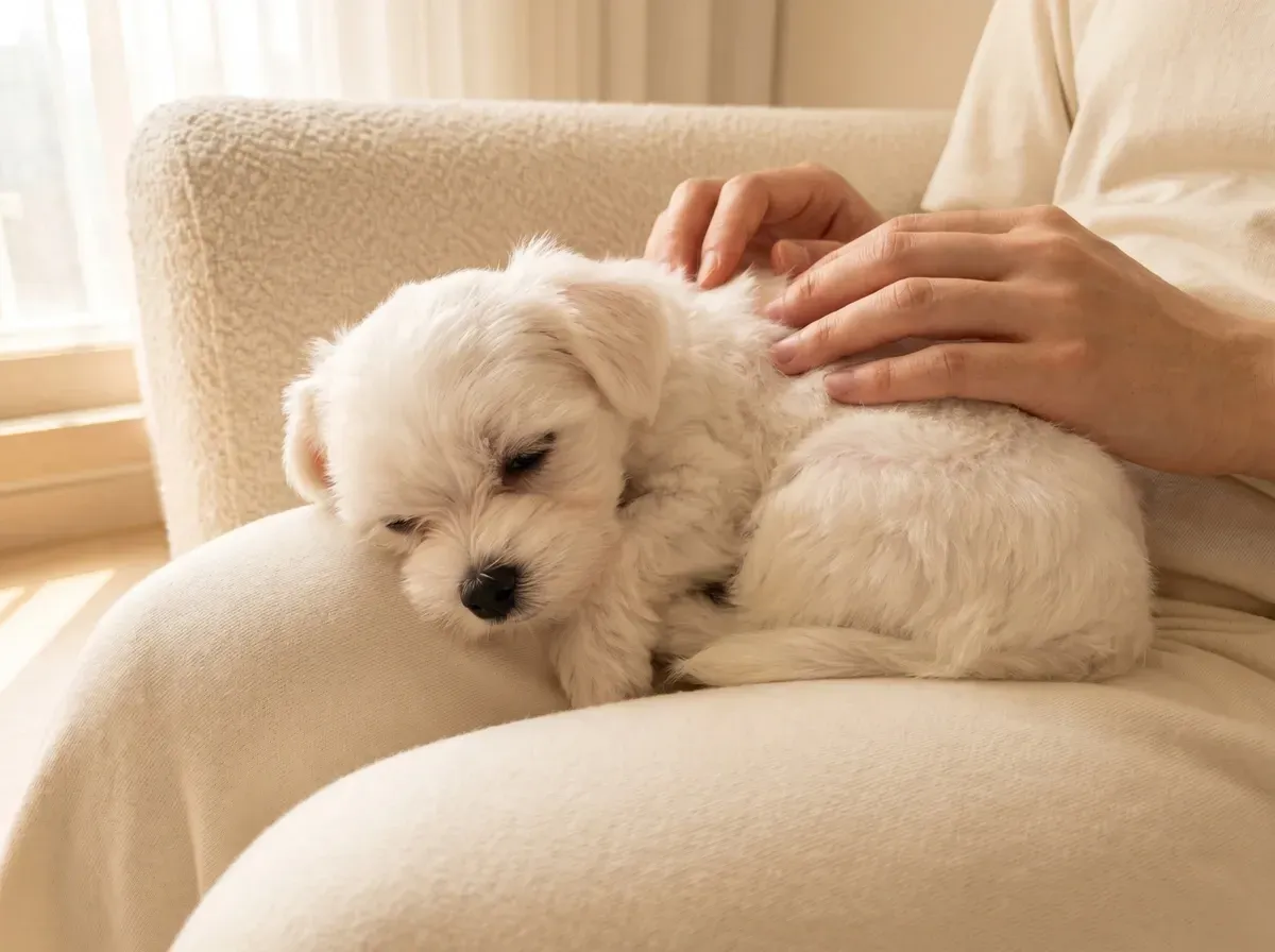 Maltese, a white puppy asleep on a pet parent's lap in an armchair