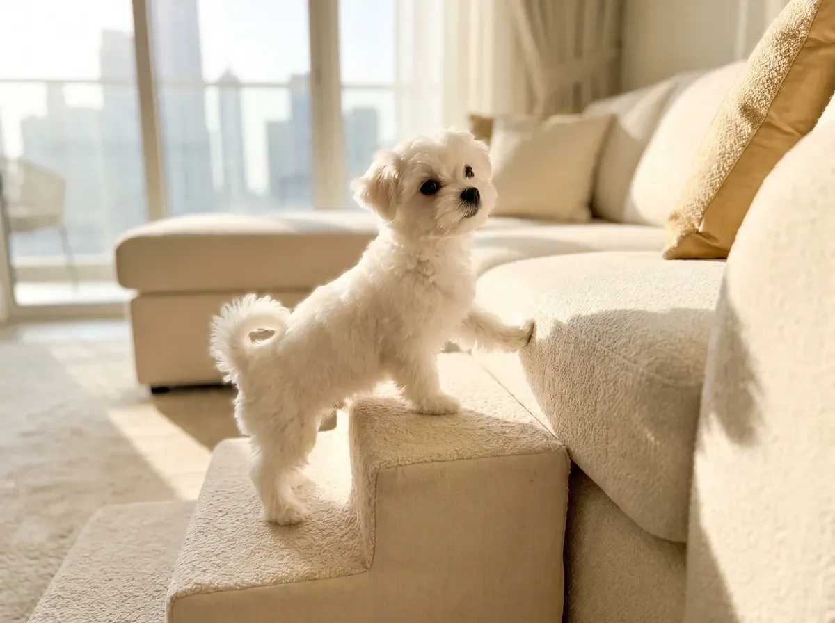 Maltese in Dubai, a white puppy climbing pet steps up to the sofa, the skyline through the window