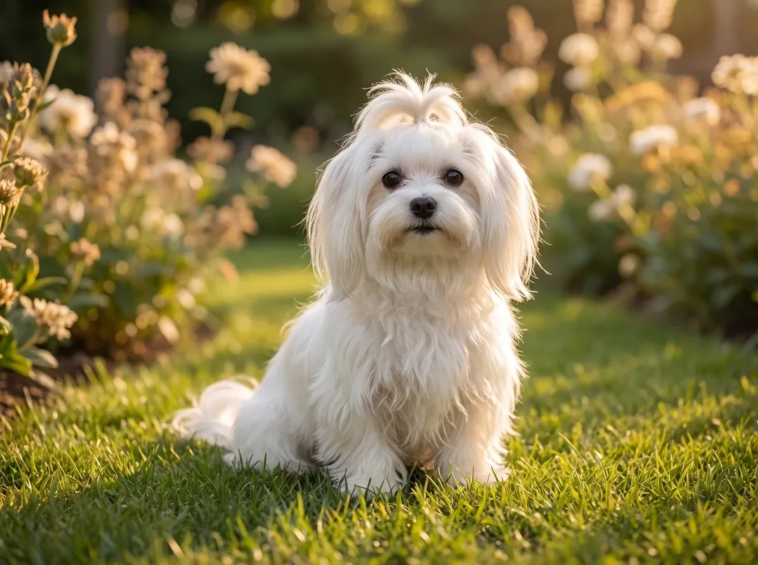 Maltese, a grown white dog with a top-knot sitting on a garden lawn in afternoon light