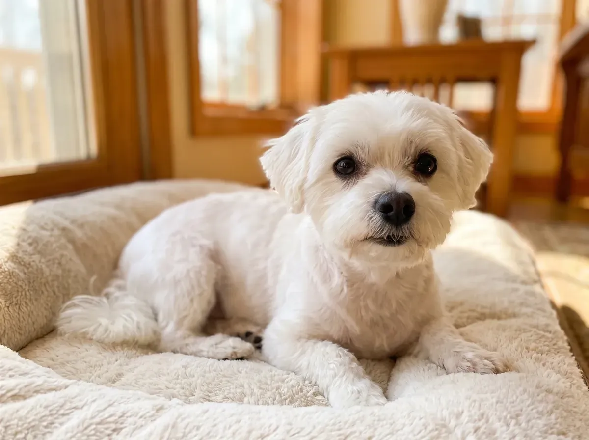 Maltese, an older white dog with a short trim resting on a soft cushioned bed