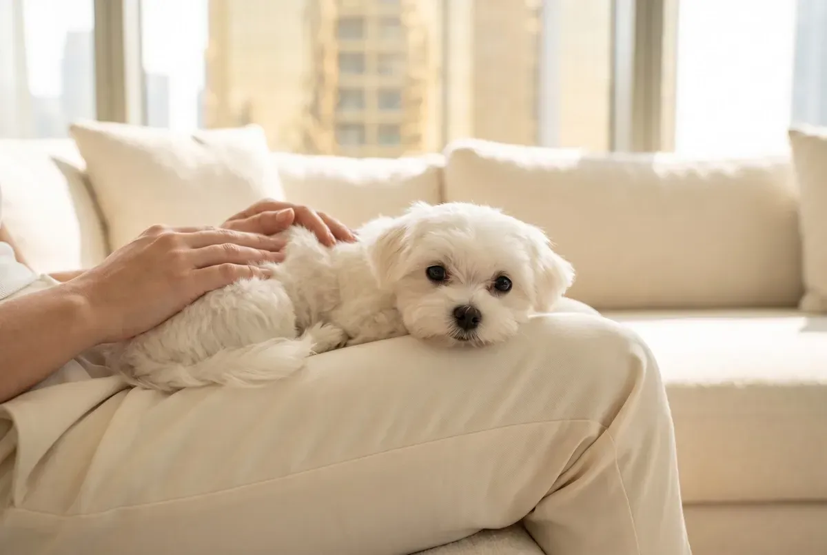 Maltese history, the breed today, a white puppy resting on a pet parent's lap on a cream sofa