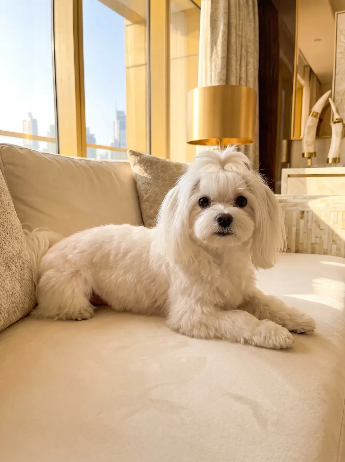 Maltese in Dubai, a white adult lying on a cream sofa by a window over the skyline