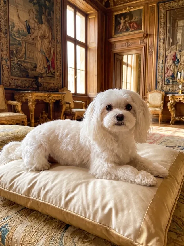Maltese, a white adult lying on a gold silk cushion in an old palace room hung with tapestries
