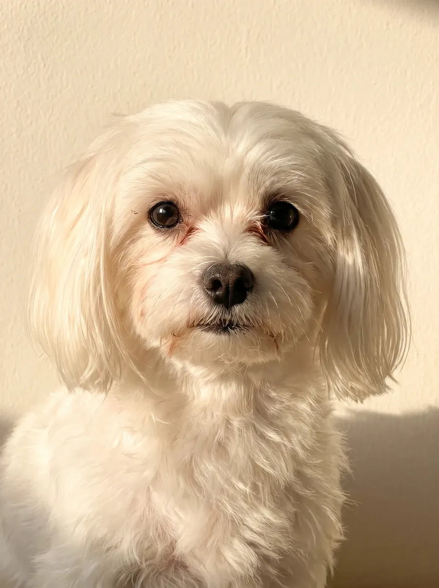 Maltese, close portrait of a white dog with light tear staining under the eyes