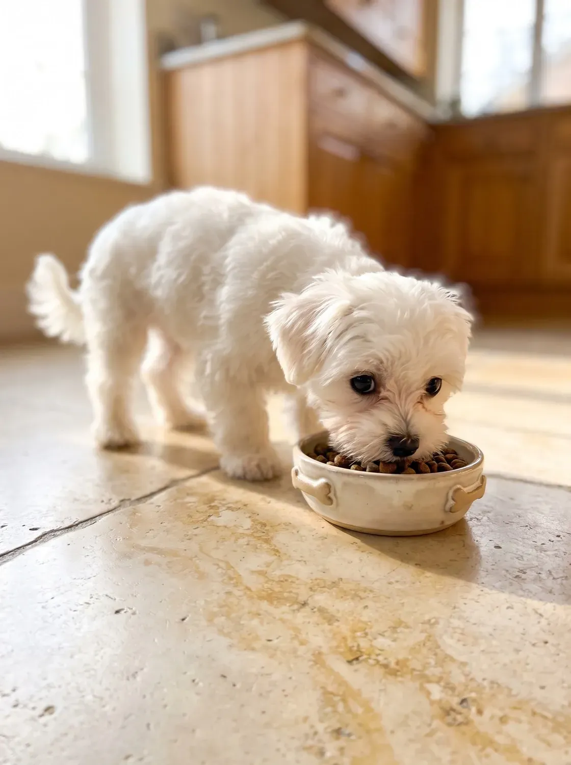 Maltese, a young white dog eating from a small ceramic bowl on a stone kitchen floor