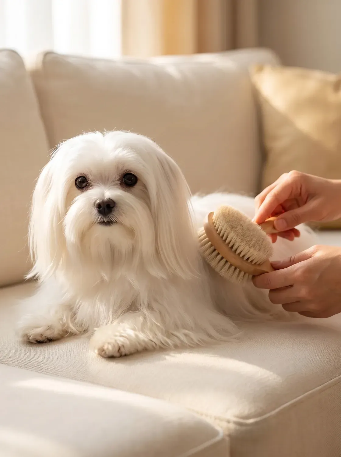 Maltese, a pet parent brushing the long white coat of a dog lying on a cream sofa