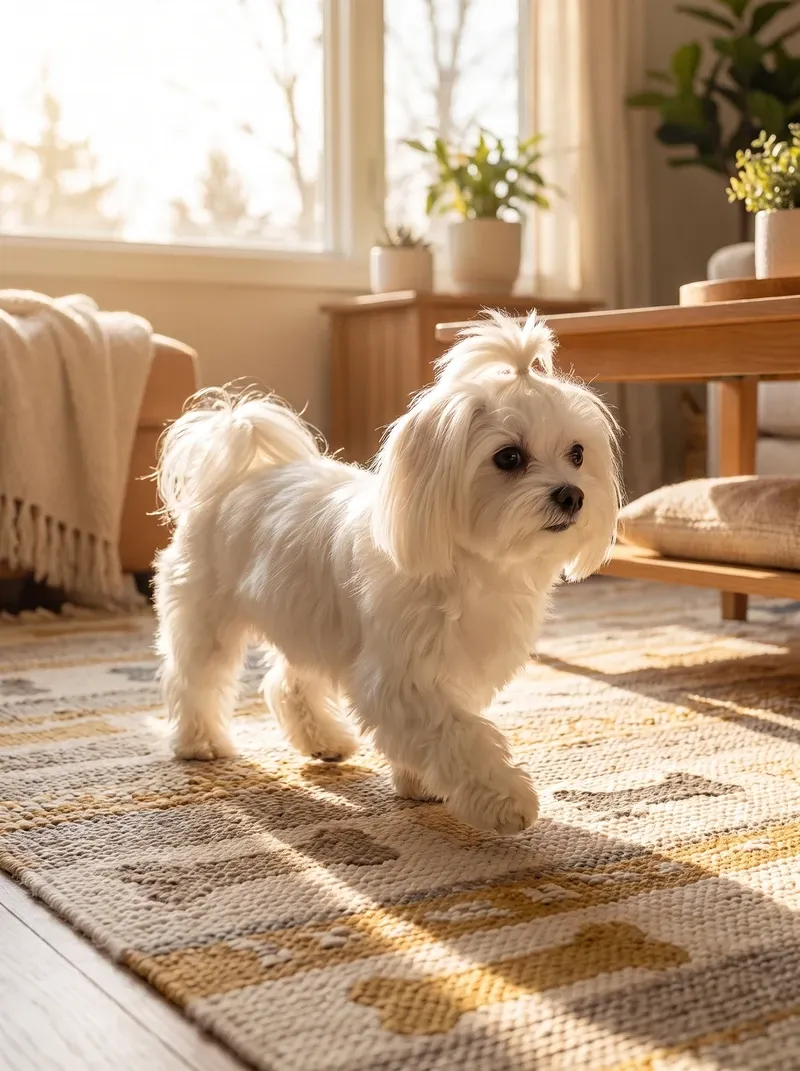 Maltese, a white adult trotting across a woven rug in a sunny living room