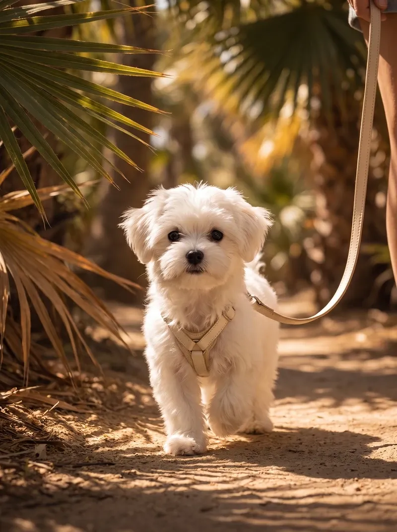 Maltese in Dubai, a white puppy in a cream harness walking along a shaded path under palm fronds