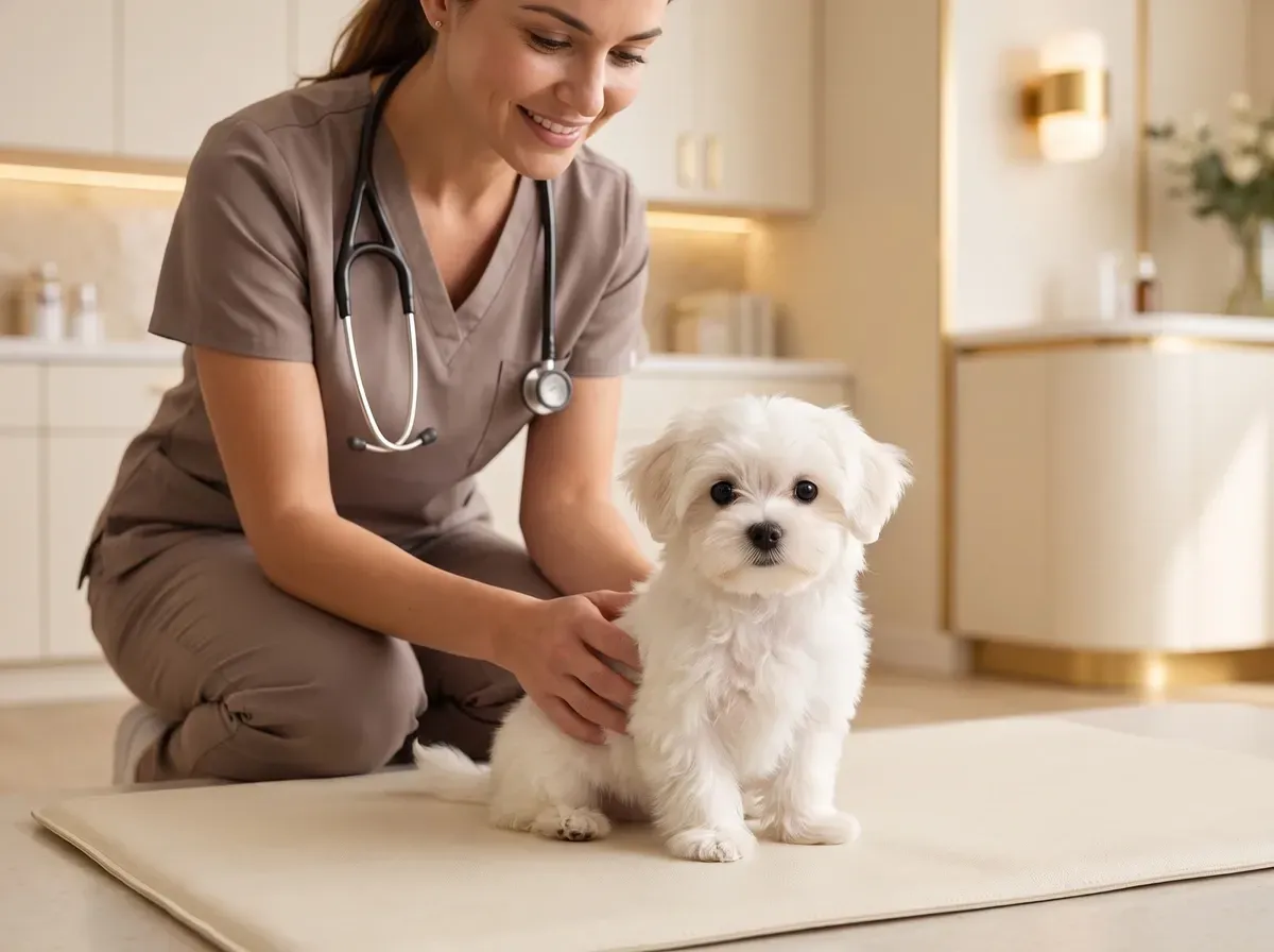 Maltese, a white puppy on a mat as a vet in taupe scrubs kneels beside, a hand on the puppy's side