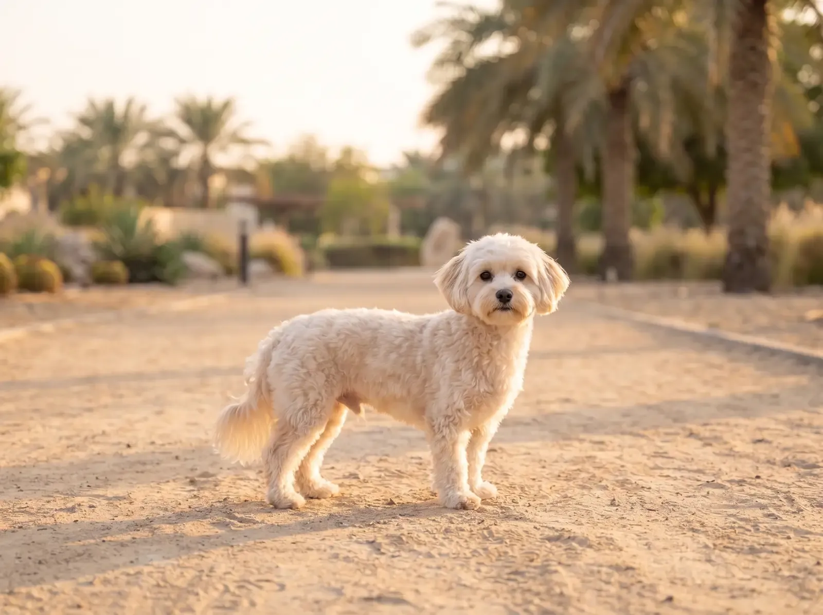 Maltipoo in Dubai, a white adult standing on a sandy park path lined with date palms