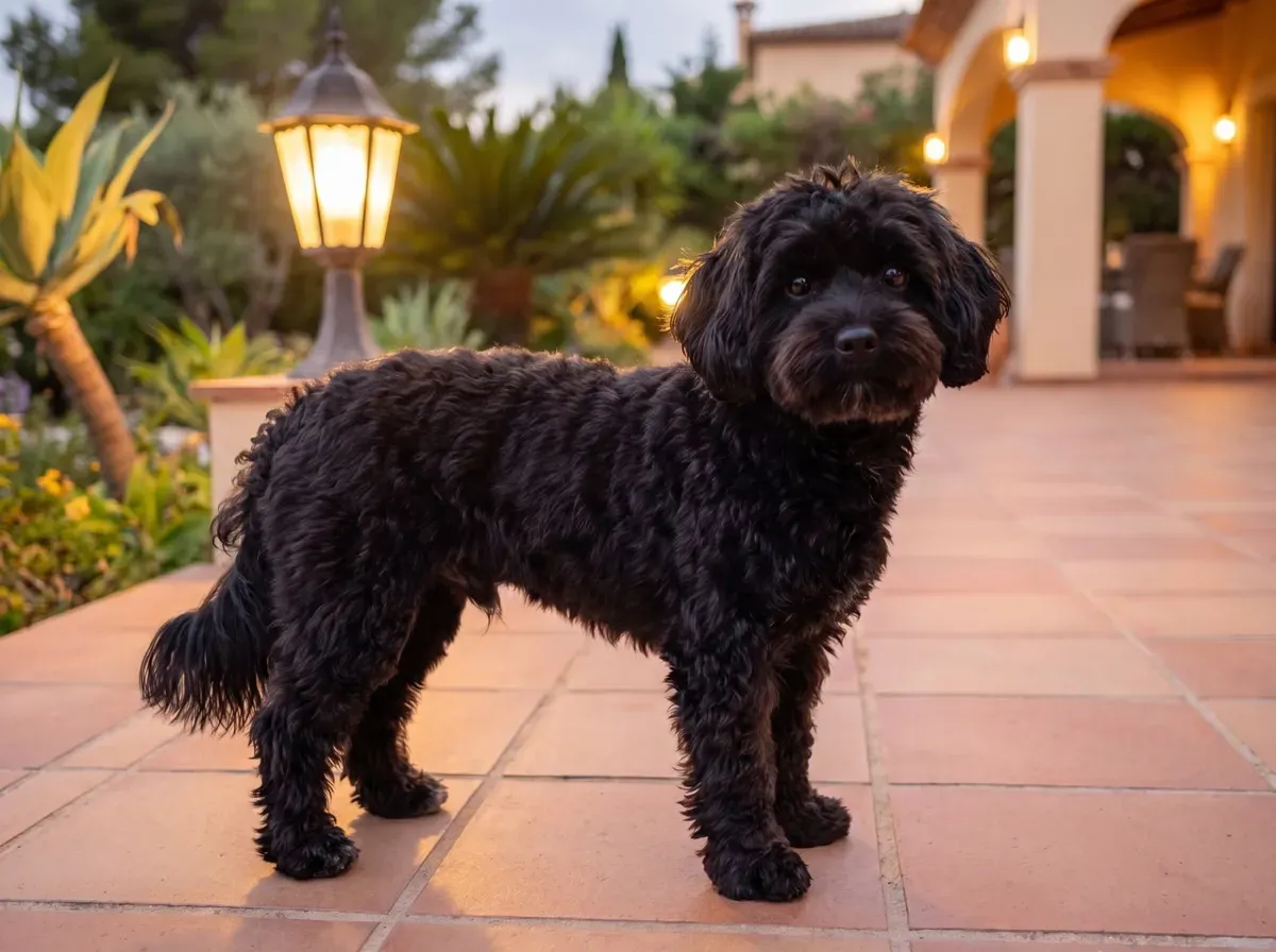 Maltipoo, a black adult standing side-on on a terracotta villa terrace at dusk