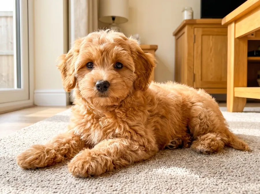 Maltipoo, an apricot puppy lying on a stone-coloured rug at home