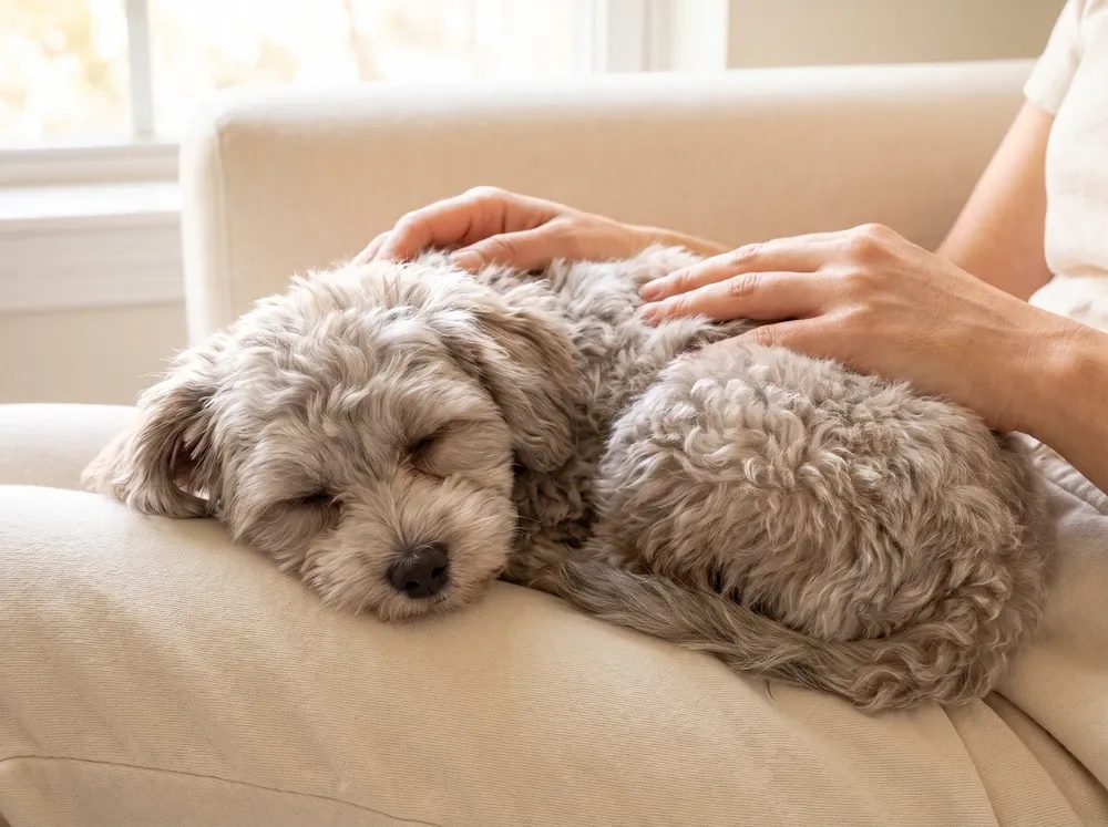 Maltipoo, a silver puppy asleep on a pet parent's lap on the sofa