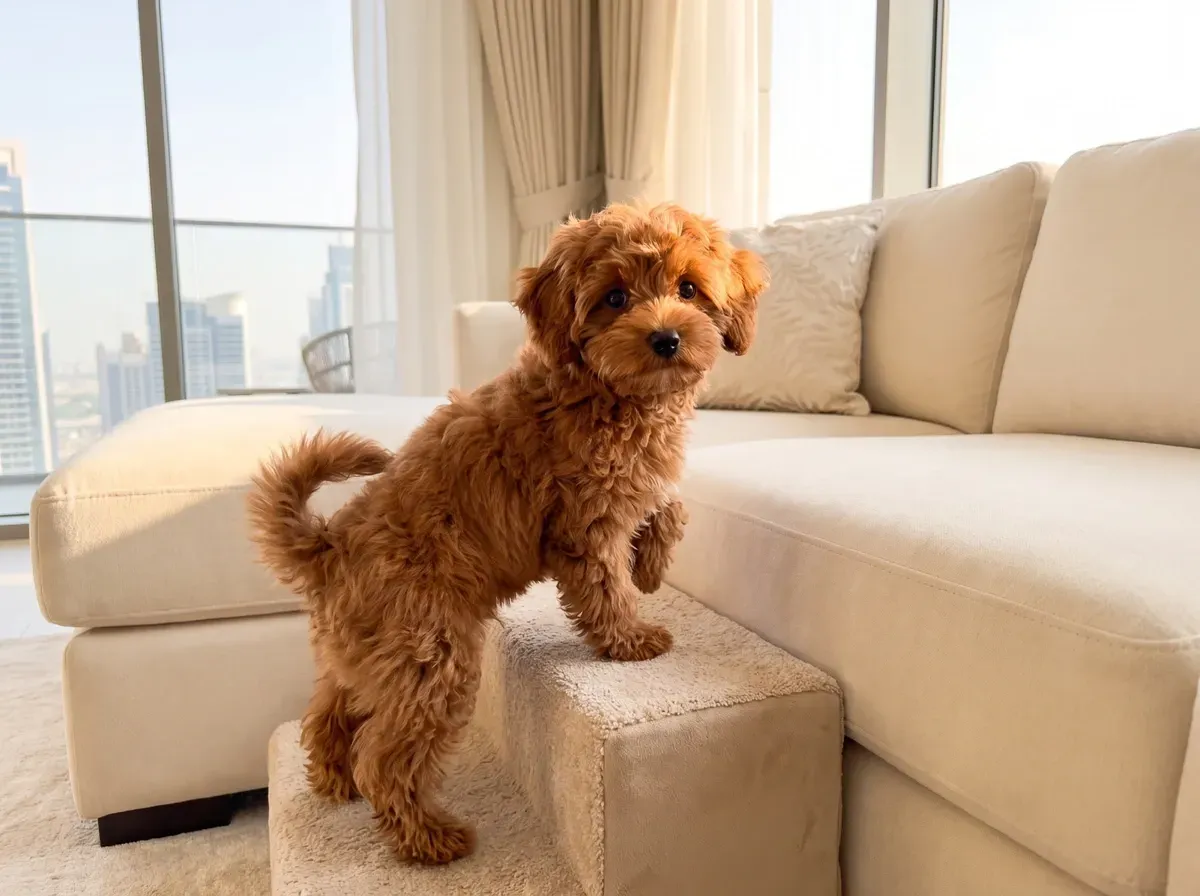 Maltipoo in Dubai, a red puppy climbing pet steps up to the sofa, the skyline through the window
