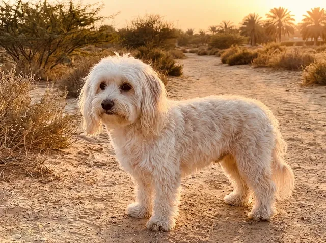 Maltipoo in Dubai, a white adult standing on a sandy path among scrub and palms at sunset