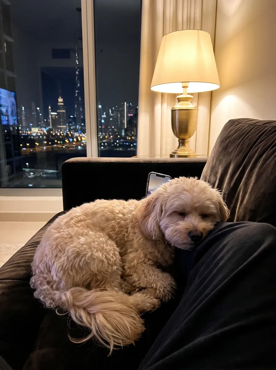 Maltipoo in Dubai, a cream adult asleep against a pet parent on the sofa at night, city lights behind