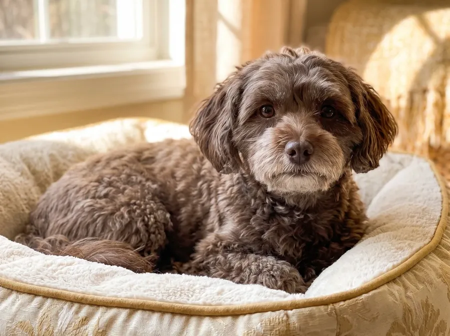Maltipoo, an older chocolate dog with a greying muzzle resting in a cushioned bed