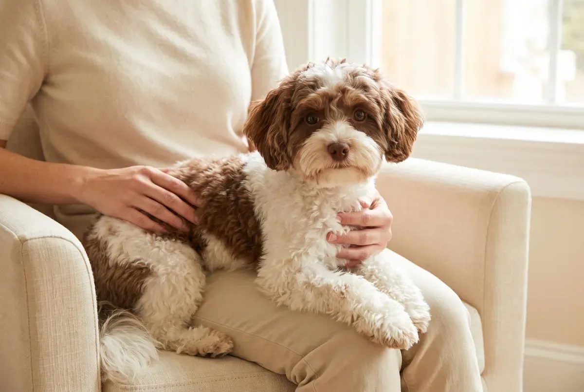 Maltipoo history, a white and chocolate adult sitting on a pet parent's lap in an armchair