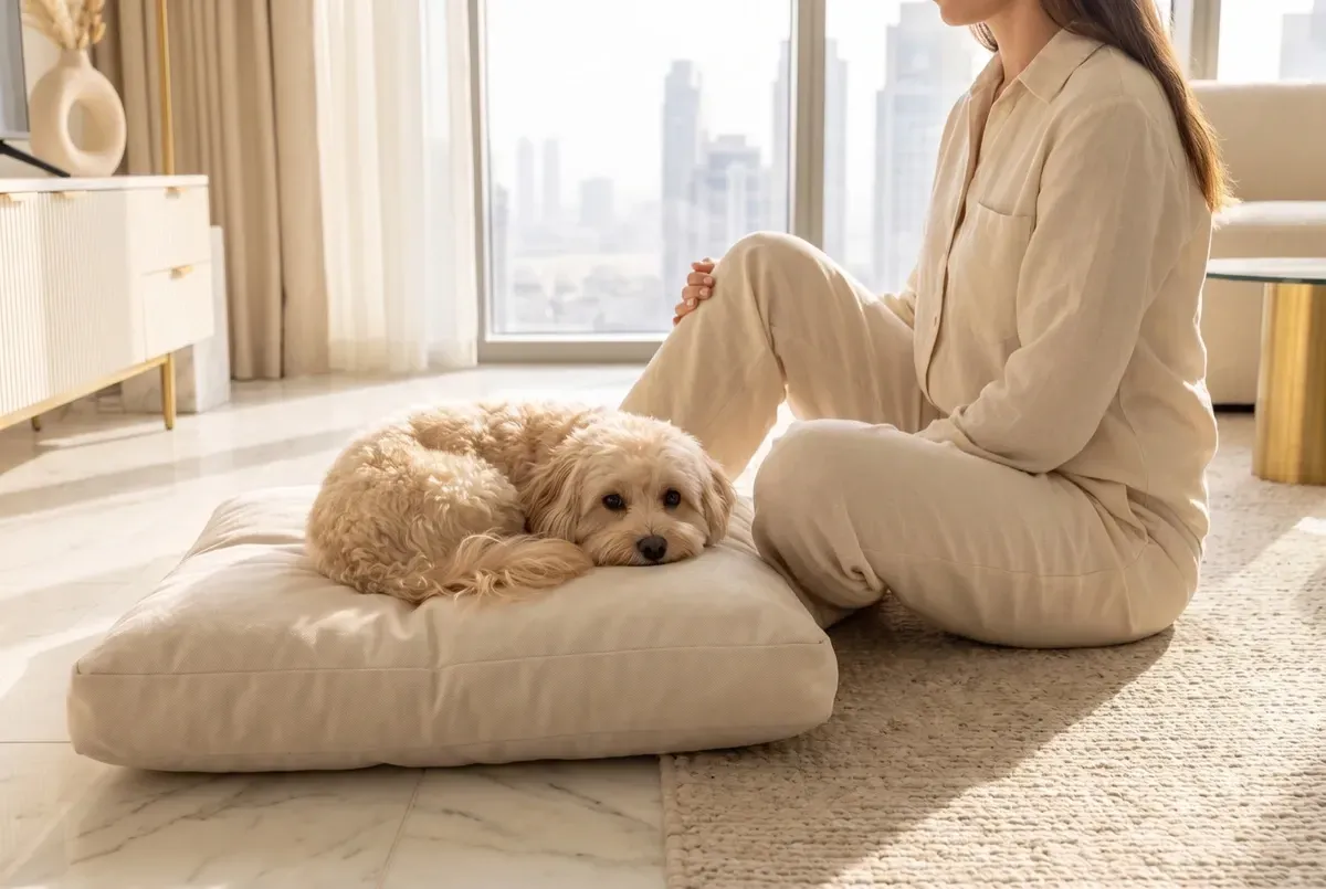 Maltipoo history, the breed today, a cream adult curled on a floor cushion beside a pet parent in a Dubai flat