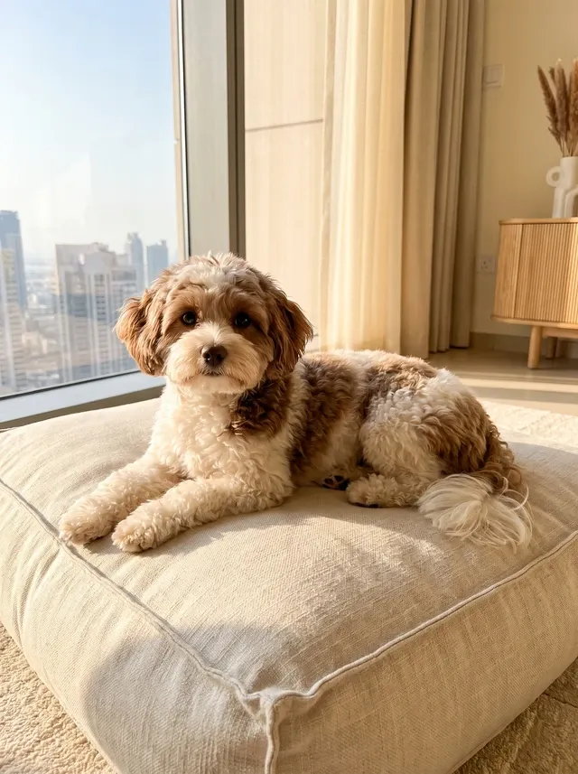 Maltipoo in Dubai, a white and chocolate adult on a cream floor cushion by a window over the skyline