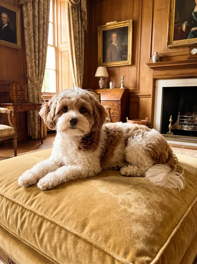 Maltipoo, a white and chocolate adult lying on a gold velvet cushion in an old wood-panelled drawing room