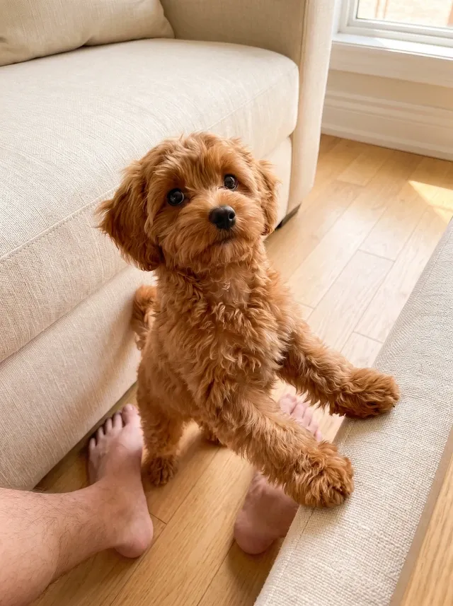 Maltipoo, a red adult up on the back legs by the sofa, asking to be lifted
