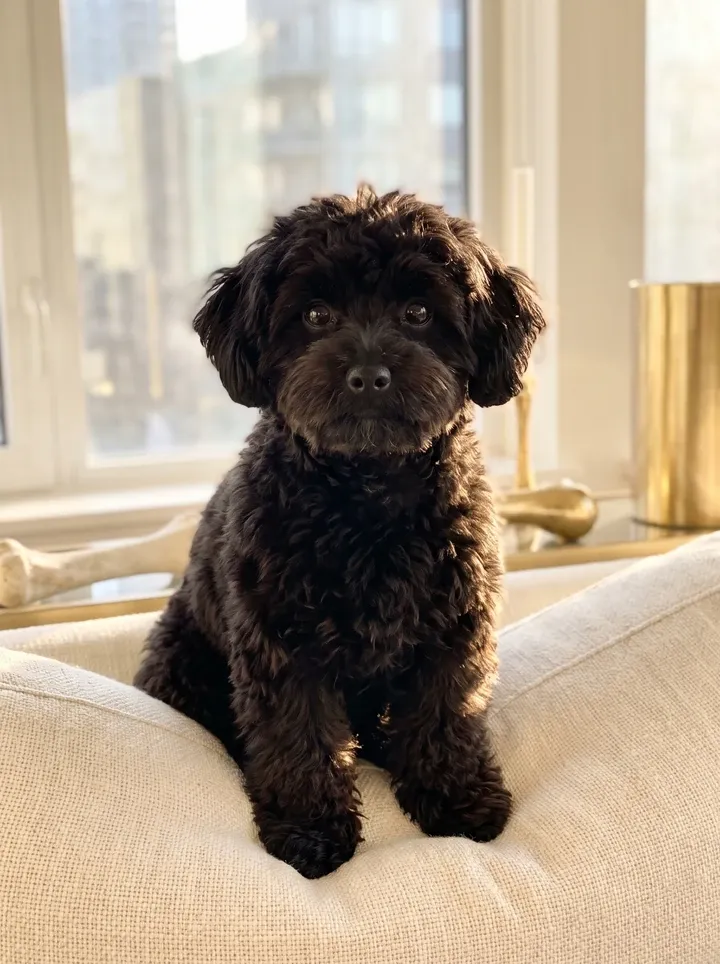 Maltipoo, a black adult sitting up on a sofa cushion by a sunny window, watching the room