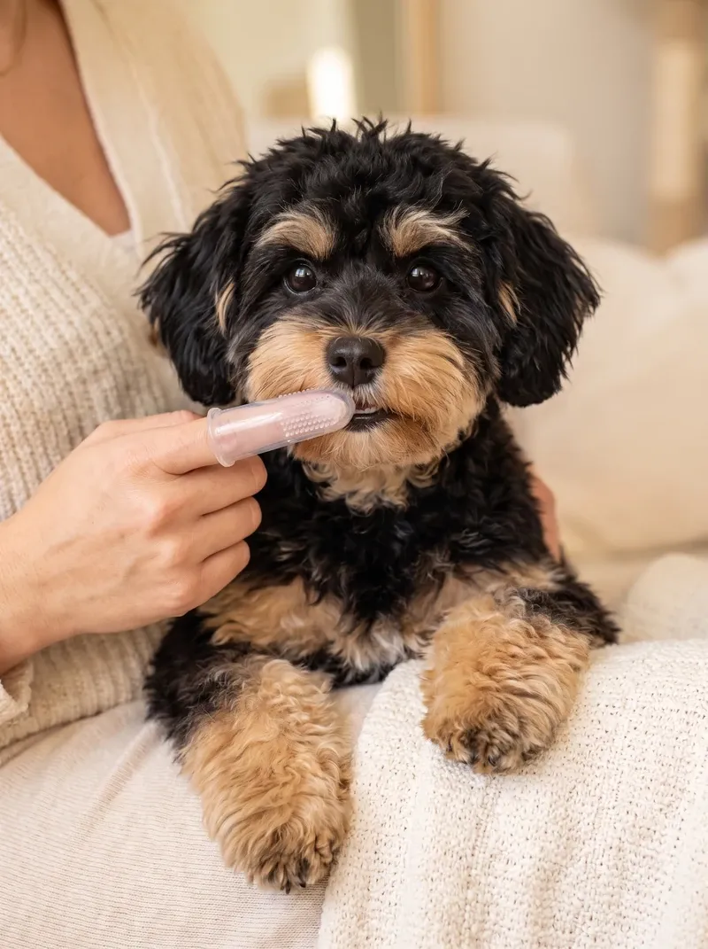 Maltipoo, a black and tan adult on a lap having the dog's teeth cleaned with a finger brush