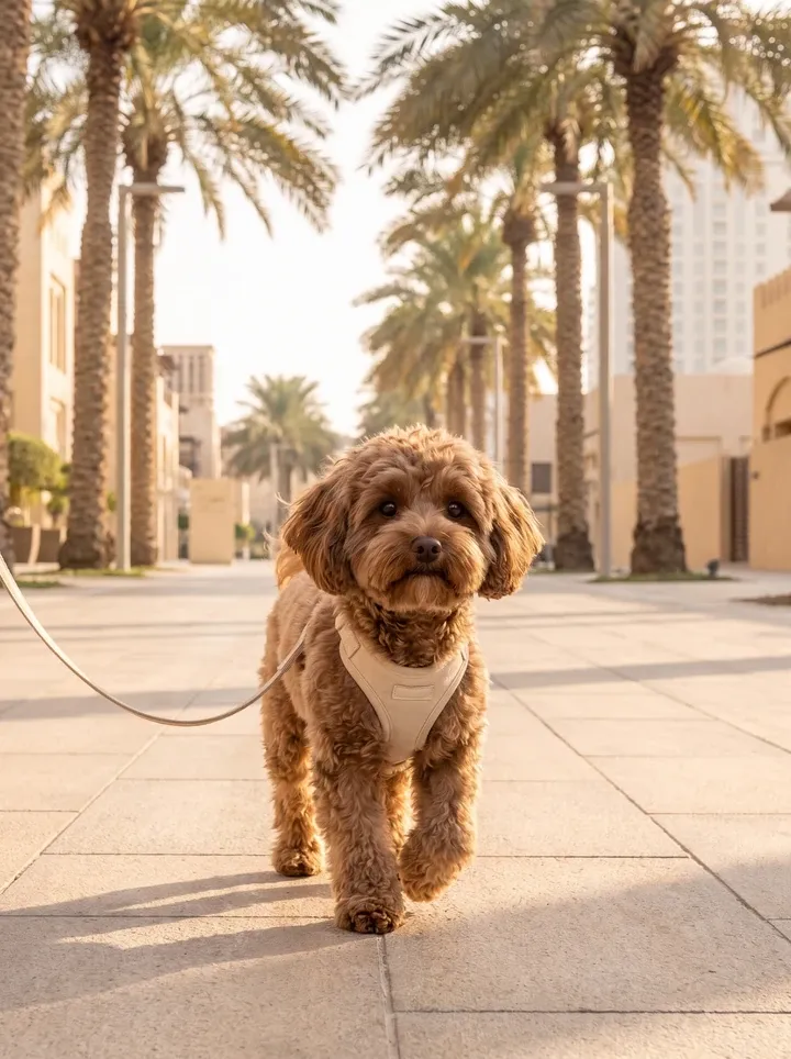 Maltipoo in Dubai, a chocolate adult walking in a harness on a palm-lined street in early light