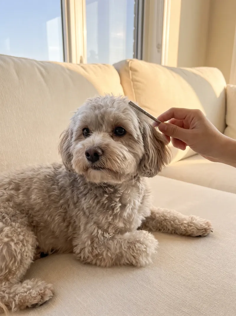 Maltipoo, a silver adult lying on a cream sofa while a hand combs behind one ear